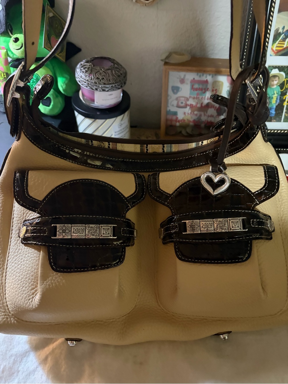 Brighton Cream and Dark Brown Leather Satchel with Heart Charm